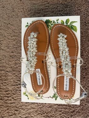 Brand New Chelsea & Violet Pearl-Embellished Clear-Strap Sandals, Size 7.5M